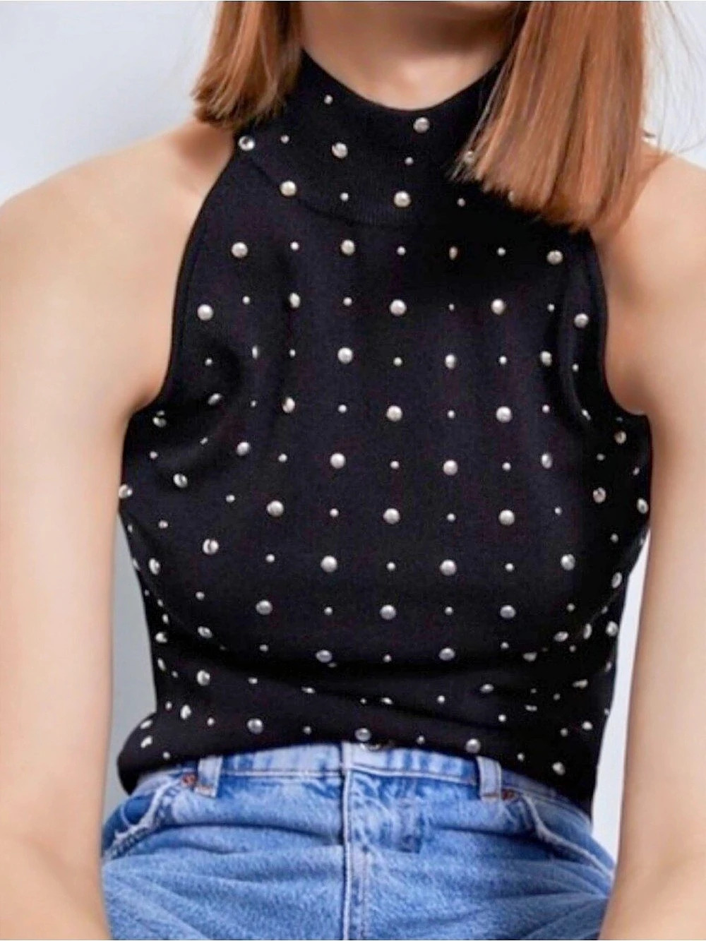 Zara Studded Halter Crop Top in Black Size Small Like New (B8)